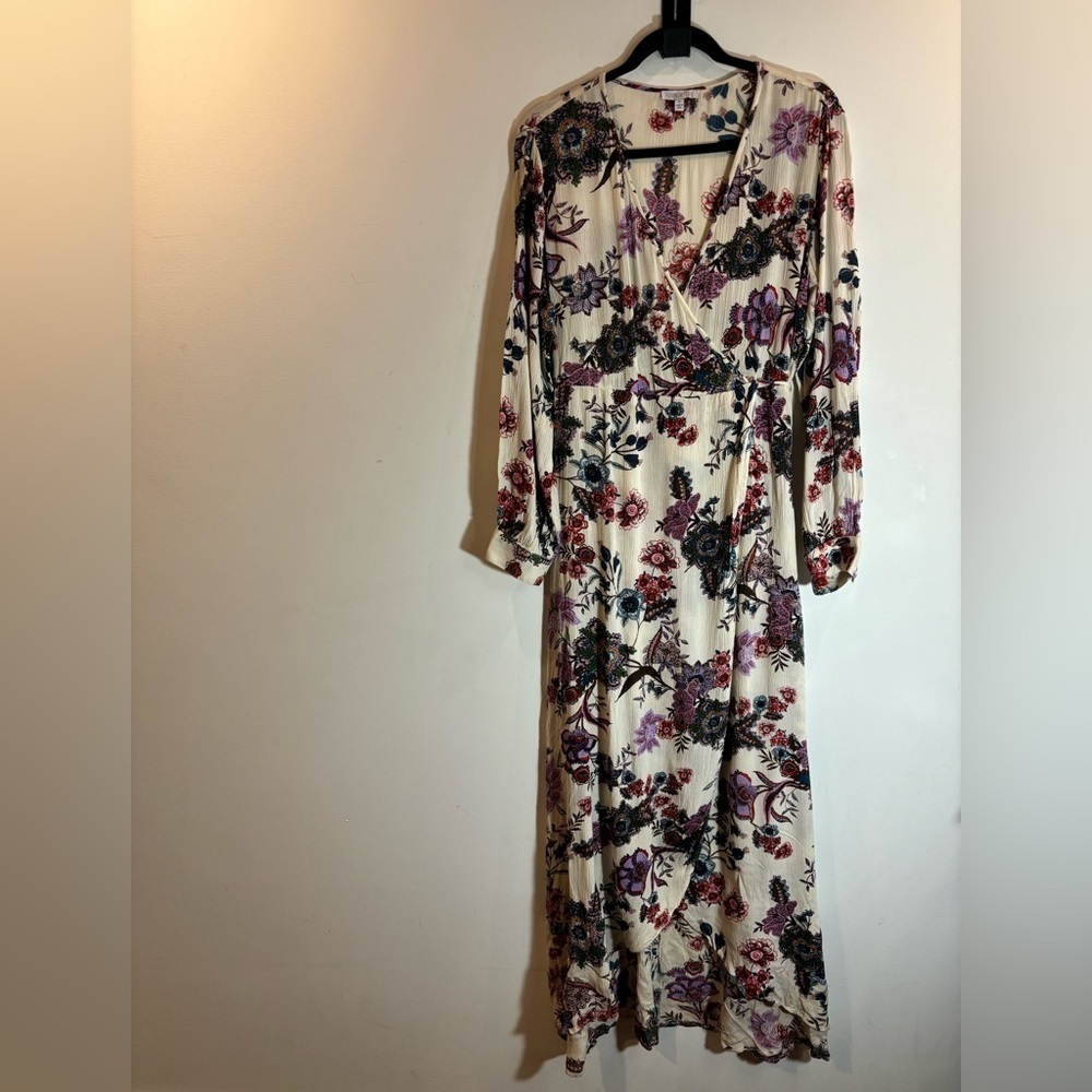 PATRONS OF PEACE Sz M Floral Faux Wrap Balloon Cuffed Sleeves Deep-V Maxi  Dress - Picture 2 of 14